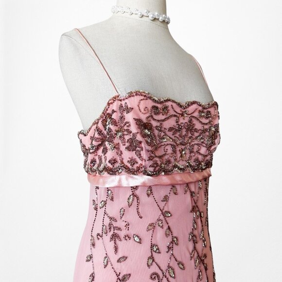 Vintage Pink Knit Bodycon Floral Beaded Mesh Maxi Prom Dress Size M/L - Picture 8 of 10